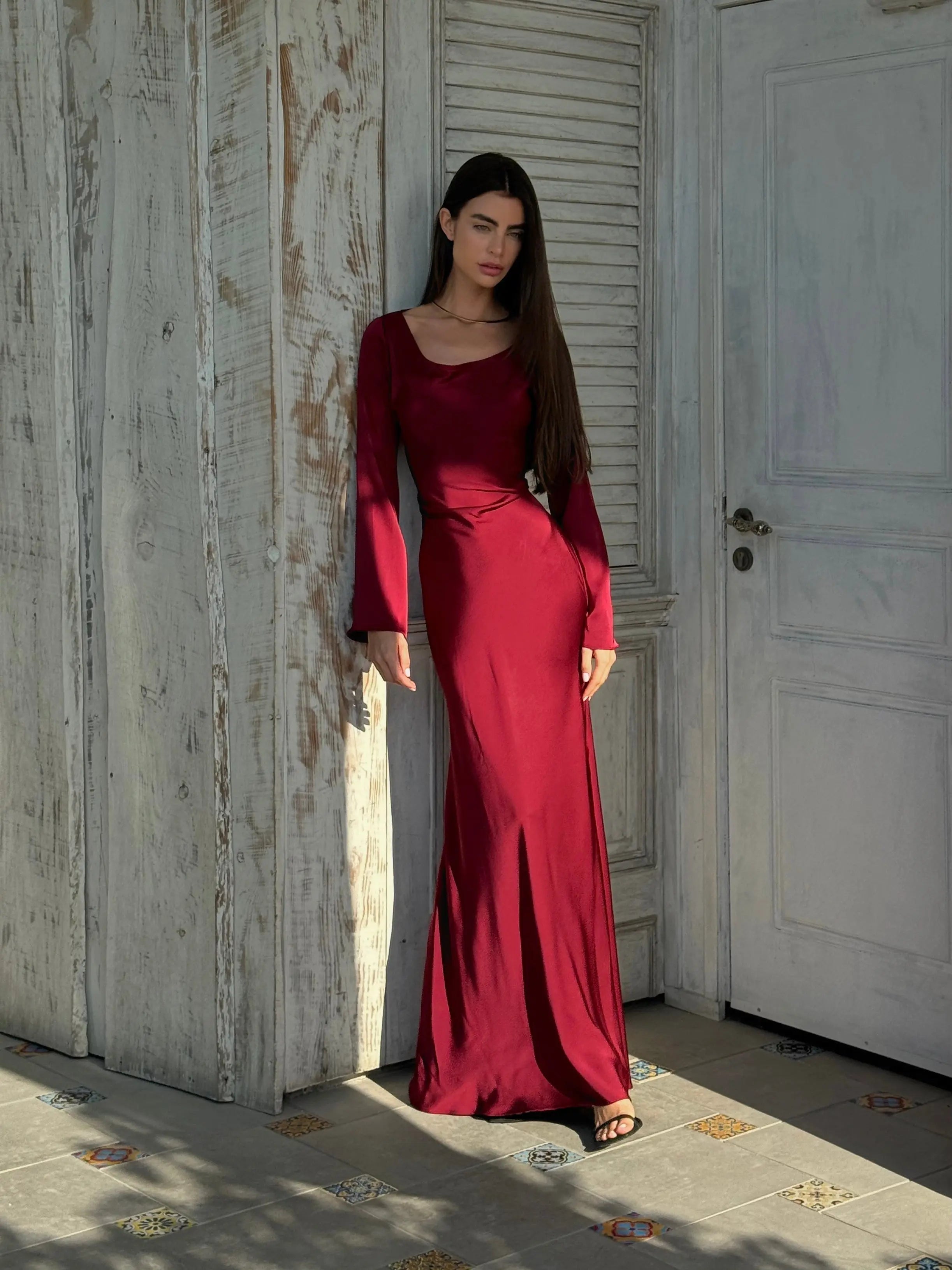 Maxikleid Damen langarm mit weitem Ausschnitt und ausgestellten Ärmeln - Ansicht 2