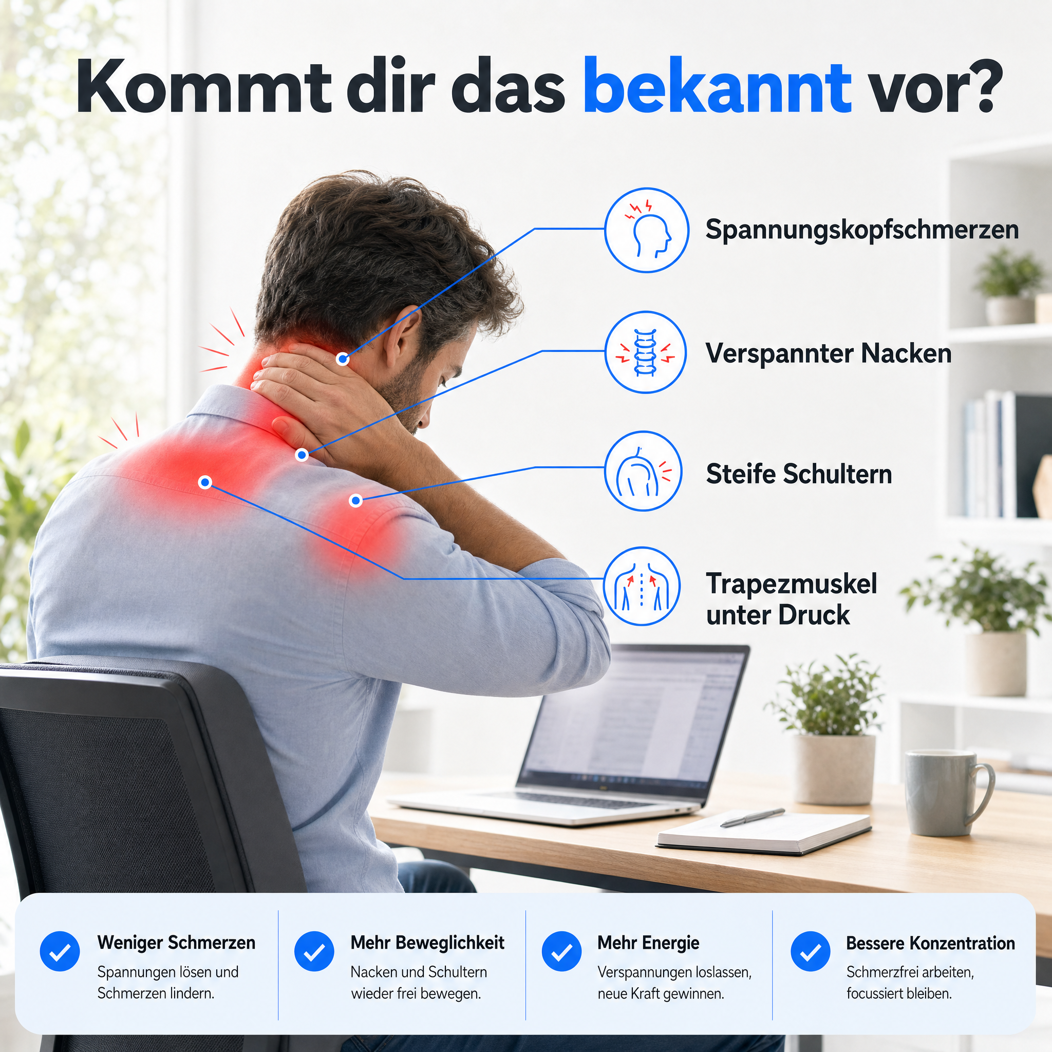 Typische Problemzonen im Nacken- und Schulterbereich nach langem Sitzen