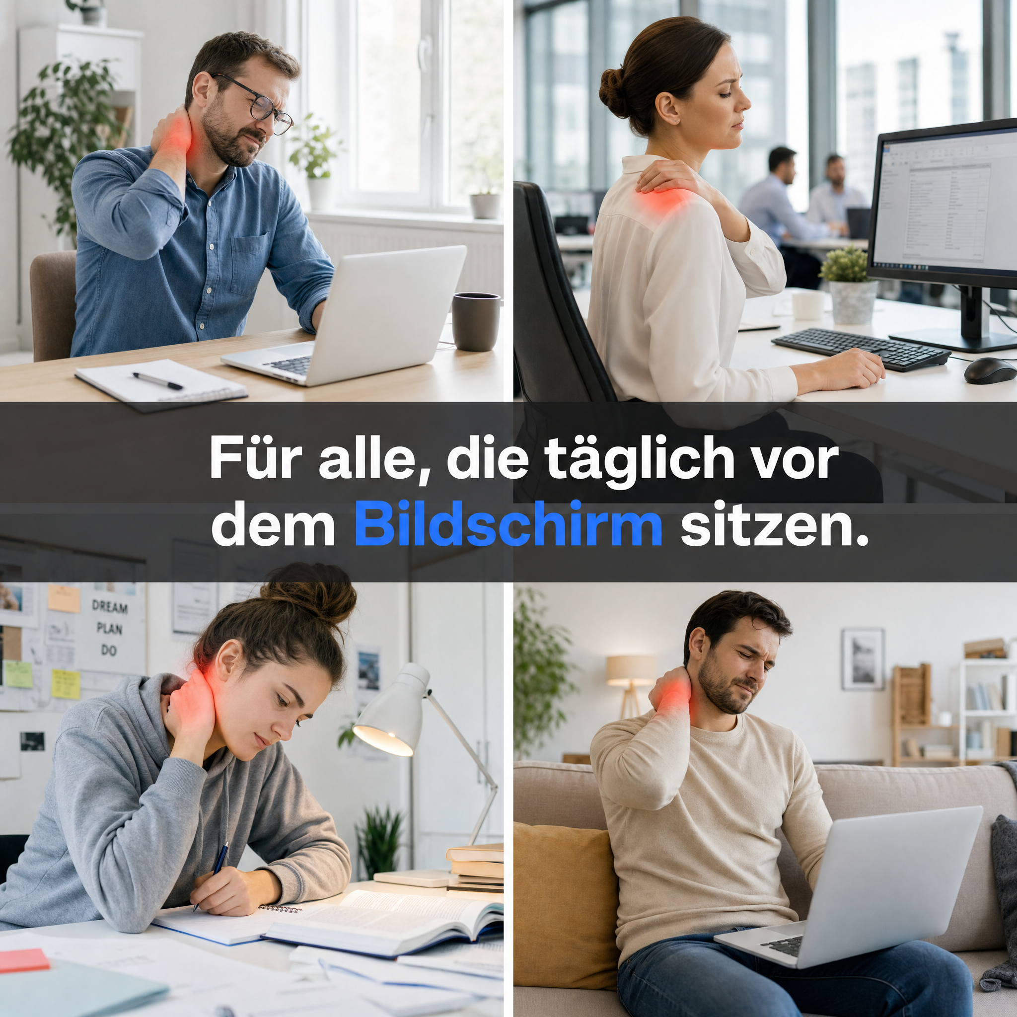 Vielsitzer mit Nacken- und Schulterverspannungen nach dem Bildschirmtag