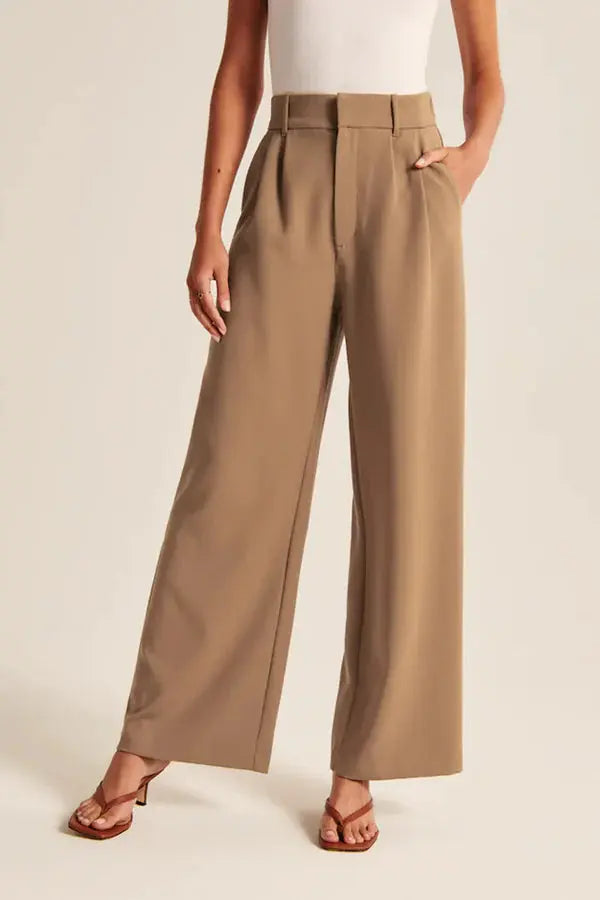 Weite Stoffhose mit hohem Bund, Bundfalten und langem Bein - Khaki