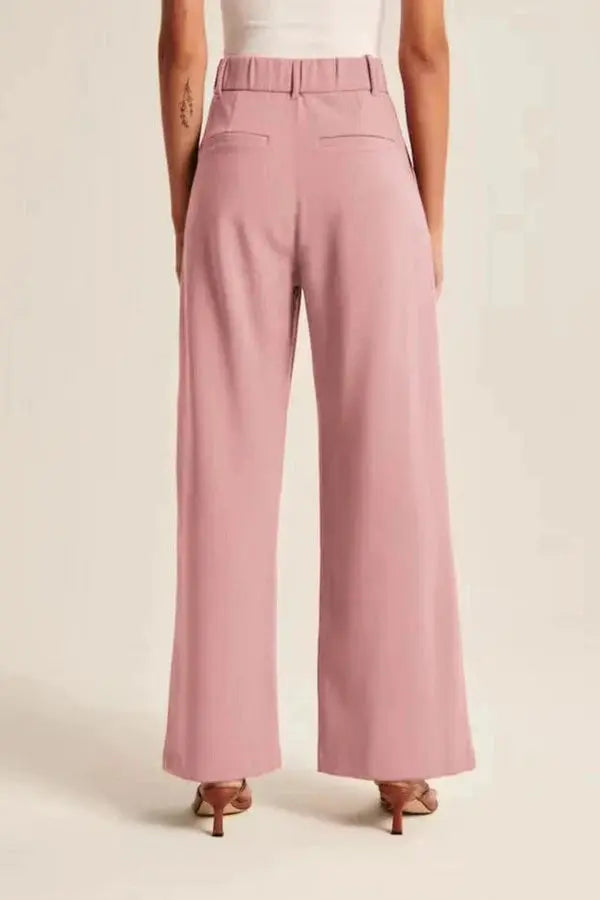 Weite Stoffhose mit hohem Bund, Bundfalten und langem Bein - Rosa