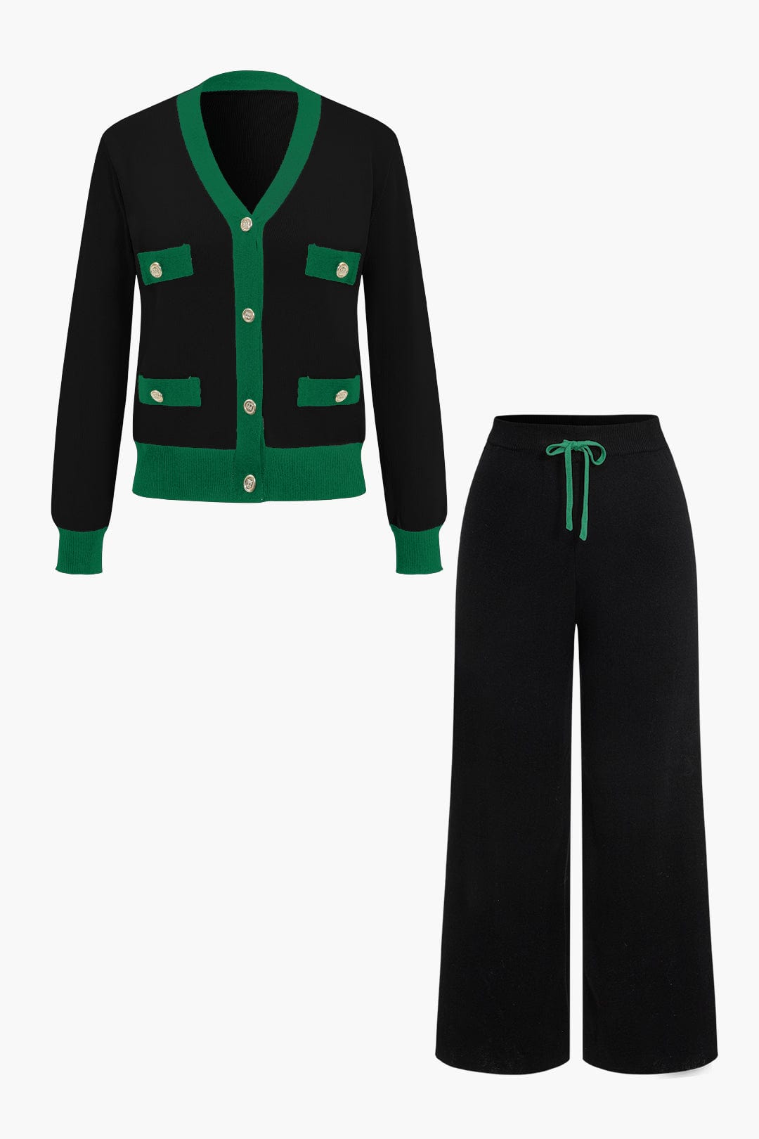 Strick-Set Damen: Cardigan mit Kontrastkanten und weiter Strickhose in Grün