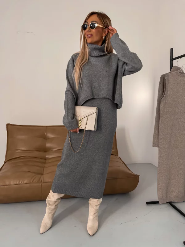 Strick-Zweiteiler Damen mit Rollkragenpullover und Midirock in Grau