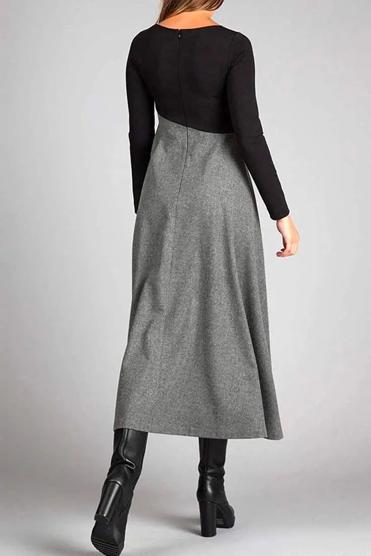 Maxikleid Damen langarm mit Kontrastoberteil und Faltenrock