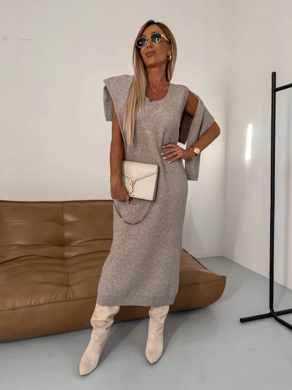 Strick-Zweiteiler Damen mit Rollkragenpullover und Midirock in Dunkelbeige - Ansicht 6