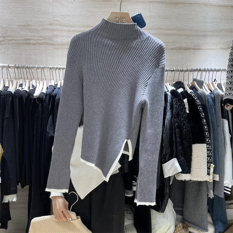 Rollkragenpullover Damen mit Kontrastkanten und Seitenschlitz - Ansicht 10