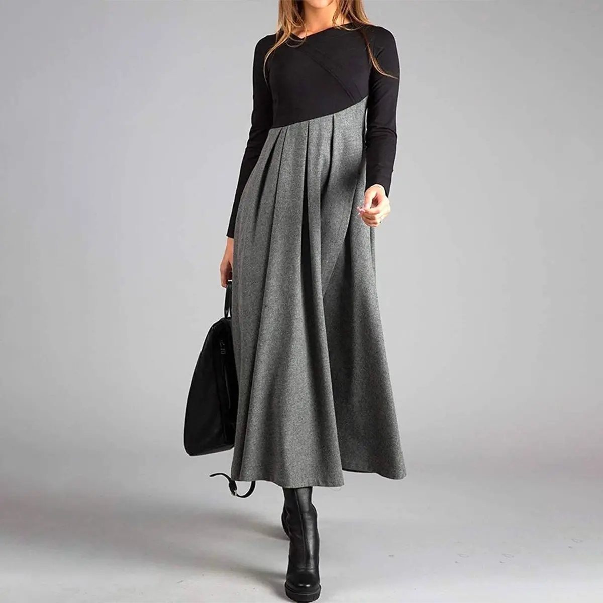 Maxikleid Damen langarm mit Kontrastoberteil und Faltenrock in Grau