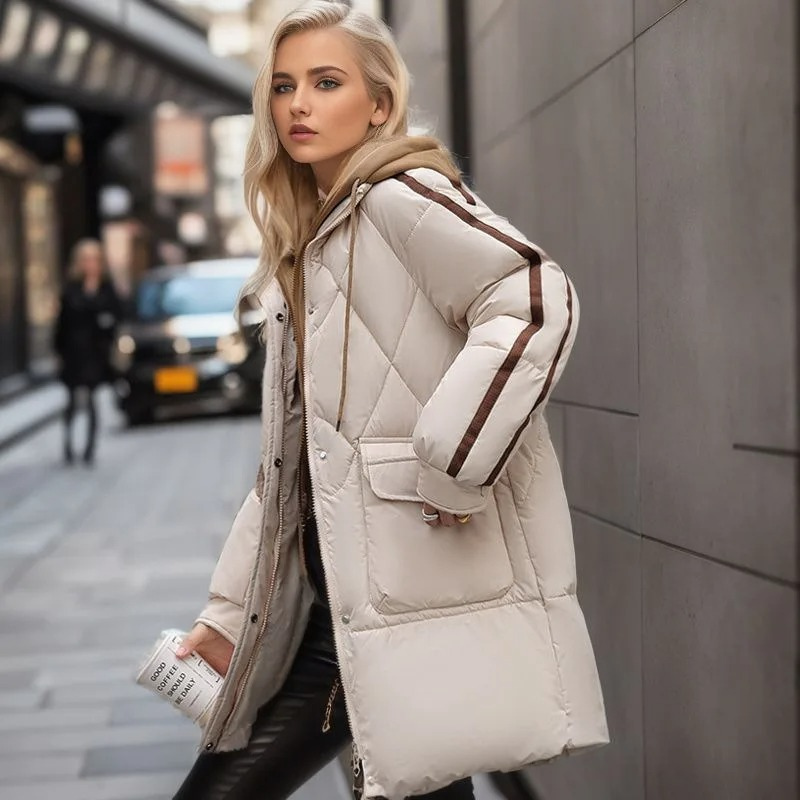 Steppmantel Damen mit Kapuze – Lang, mit Reißverschluss – Beige