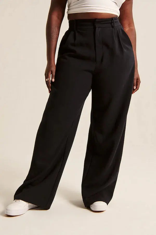 Weite Stoffhose mit hohem Bund, Bundfalten und langem Bein - Schwarz
