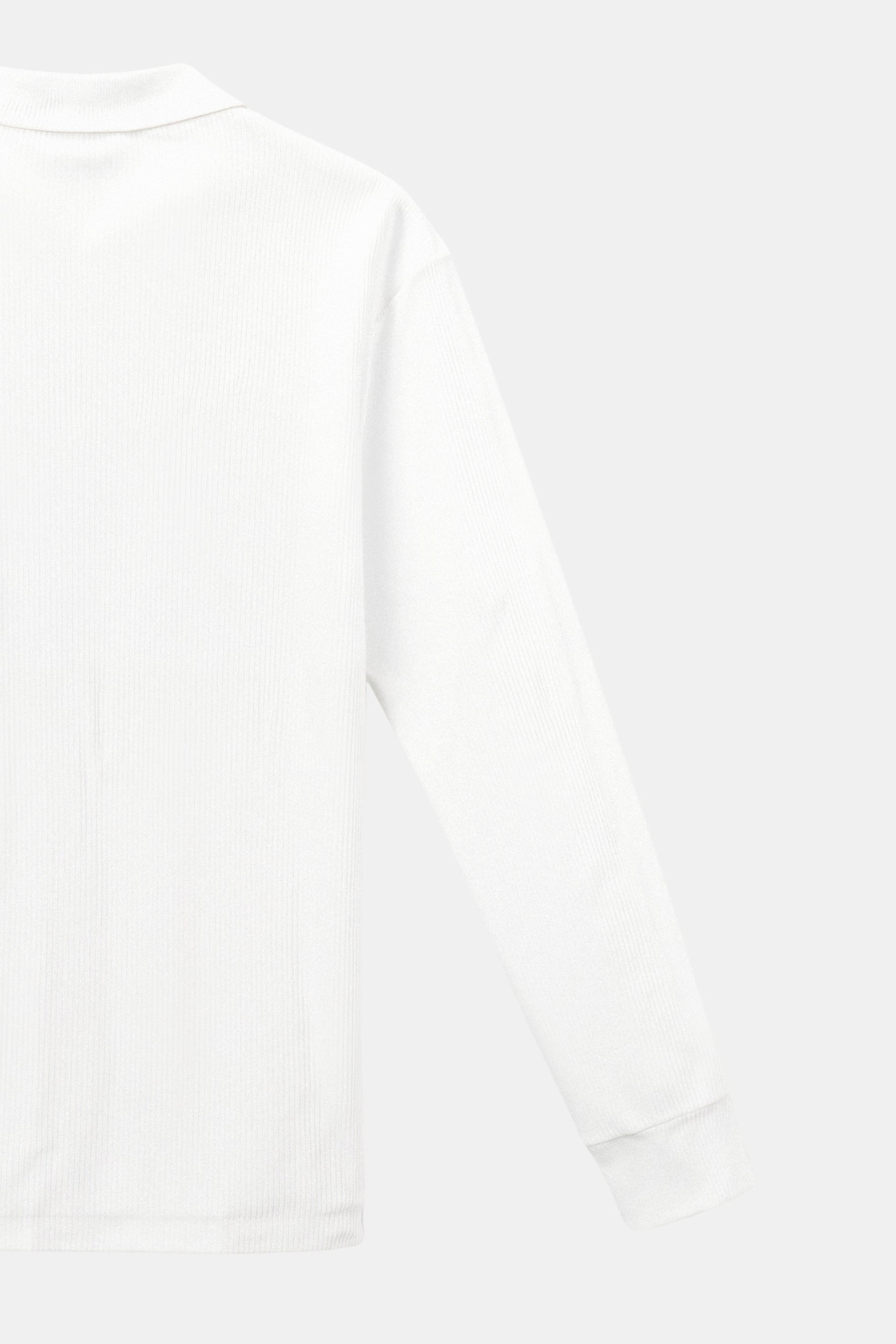 Weißes geripptes Langarm-Poloshirt mit V-Ausschnitt