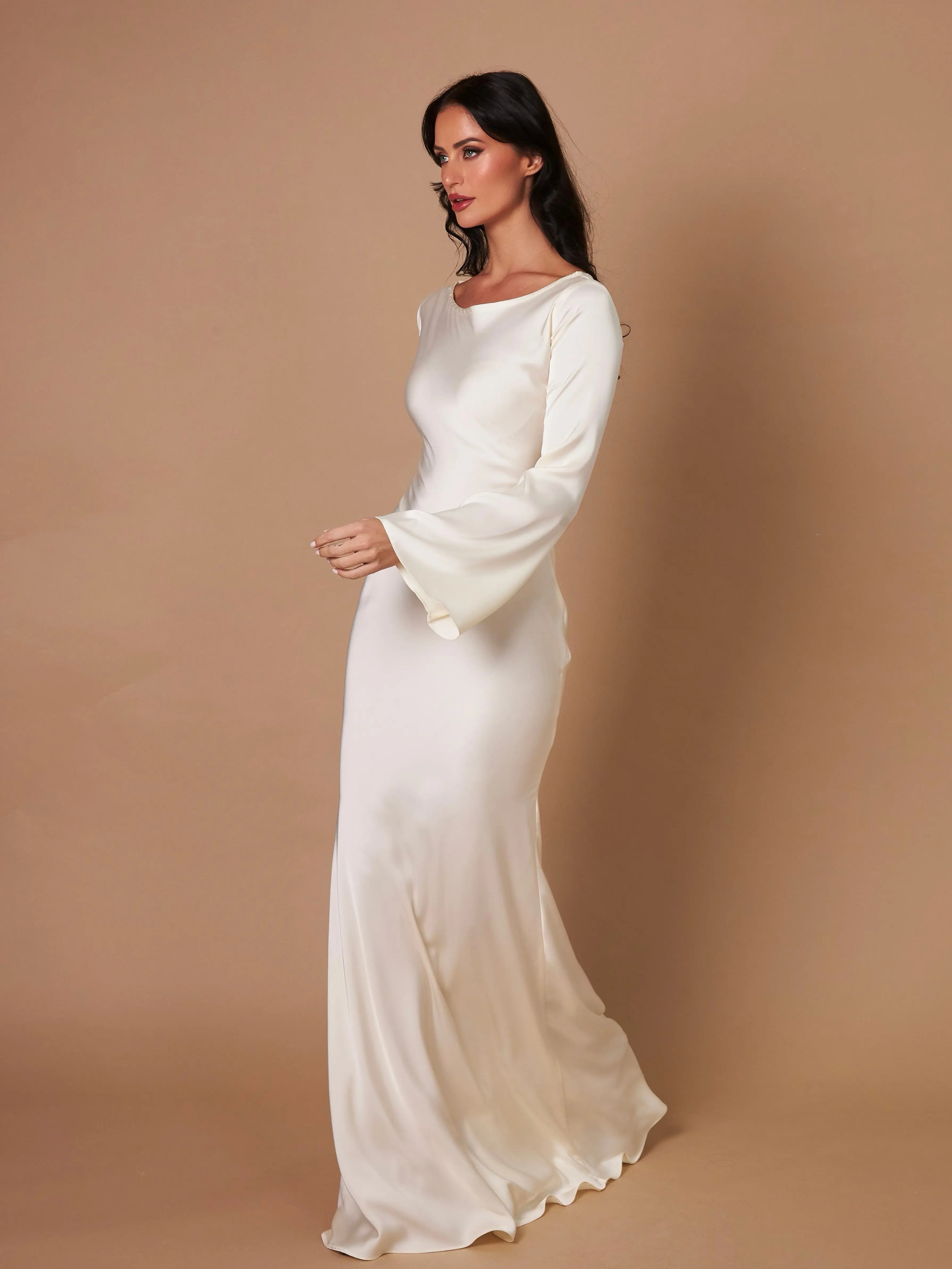Maxikleid Damen langarm mit weitem Ausschnitt und ausgestellten Ärmeln