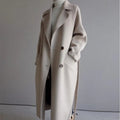 Wollmantel Damen mit Bindegürtel – Langer Mantel mit Revers – Beige