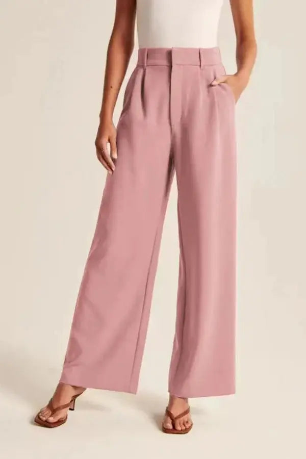 Weite Stoffhose mit hohem Bund, Bundfalten und langem Bein