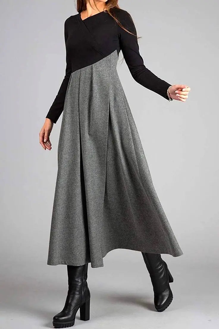 Maxikleid Damen langarm mit Kontrastoberteil und Faltenrock - Ansicht 2