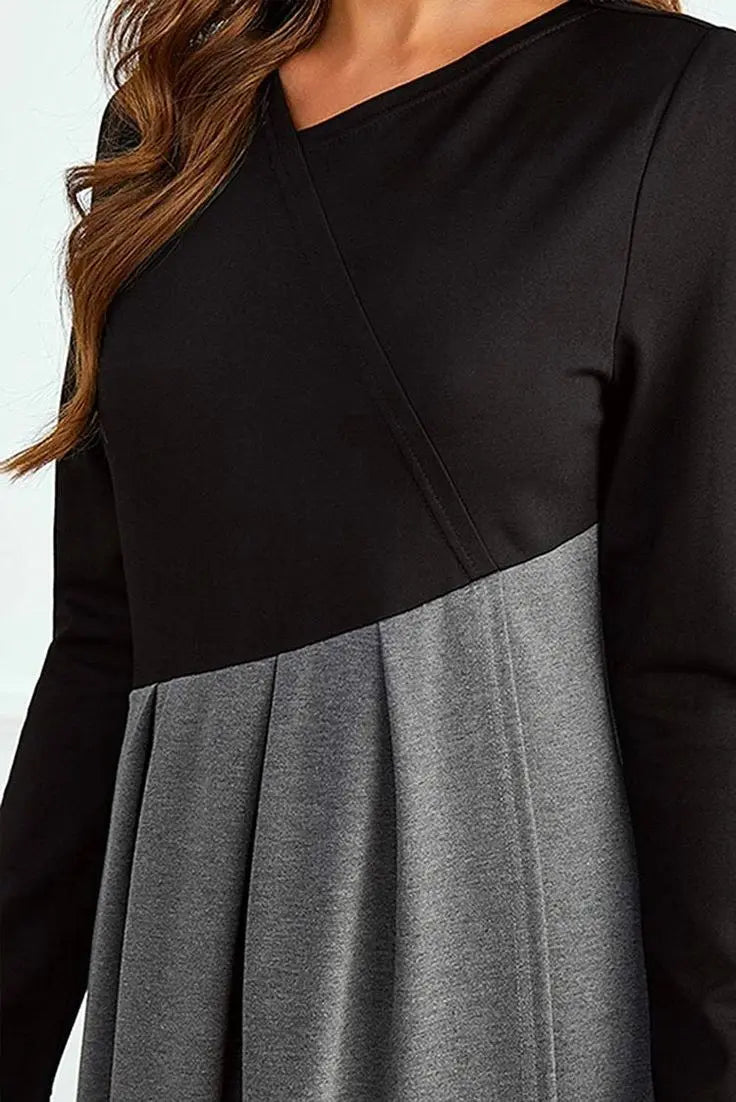 Maxikleid Damen langarm mit Kontrastoberteil und Faltenrock