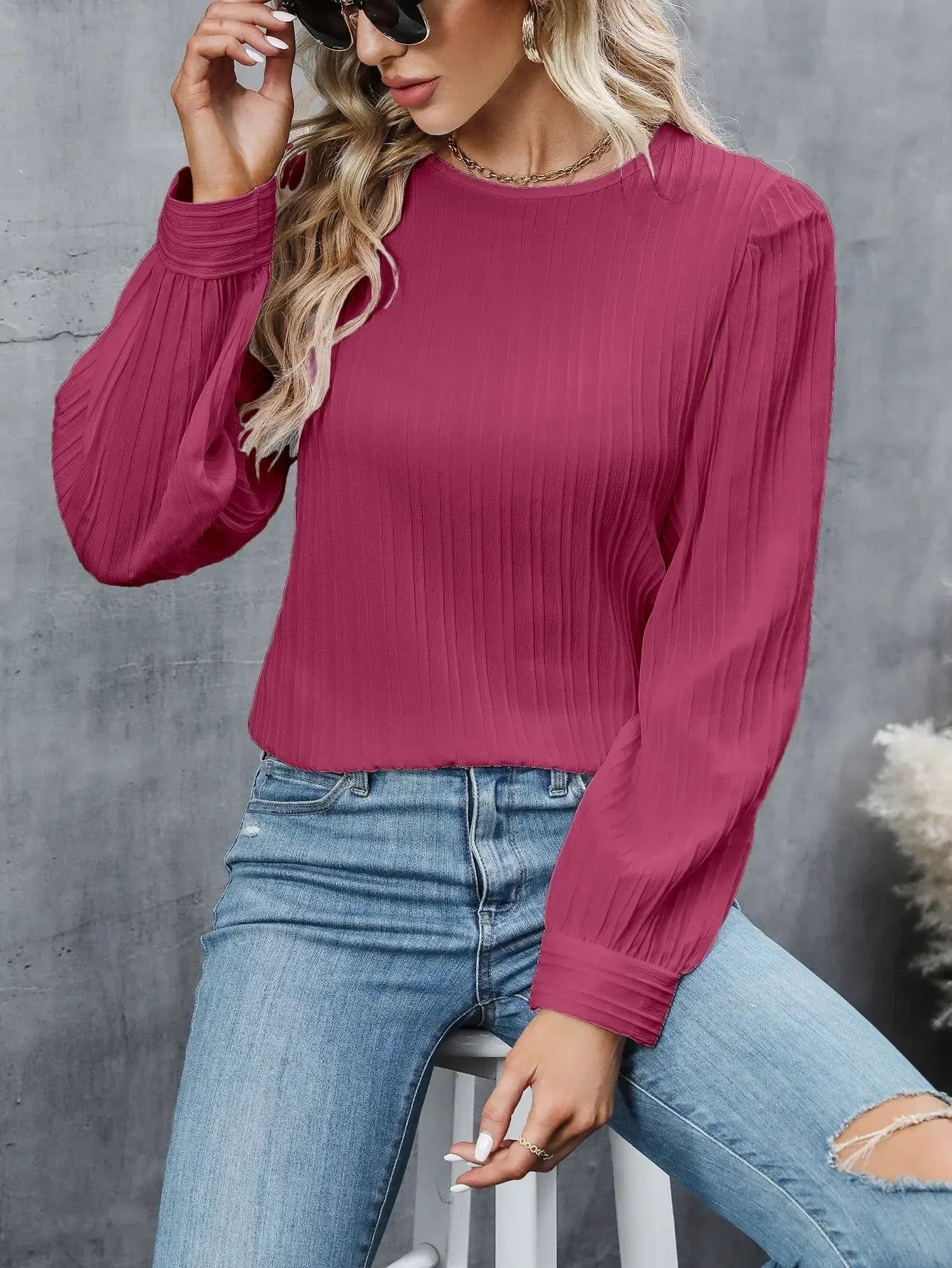 Plissee-Bluse mit Rundhals und langen Ballonärmeln - Rosa