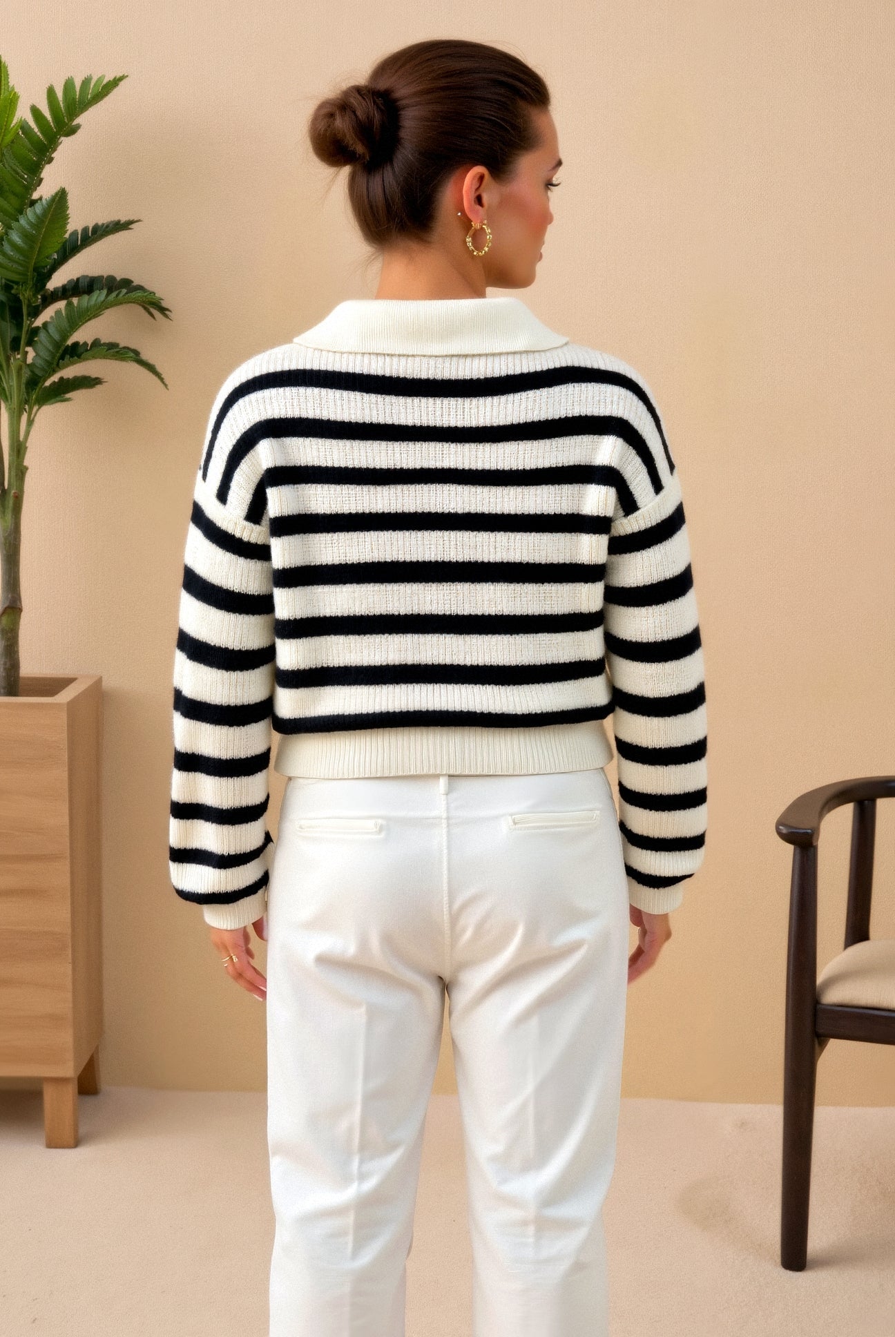 Gestreifter Pullover Damen mit Zip-Kragen, Rippstrick Troyer - Ansicht 2
