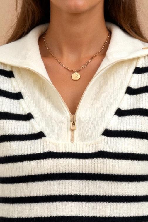 Gestreifter Pullover Damen mit Zip-Kragen, Rippstrick Troyer - Ansicht 4