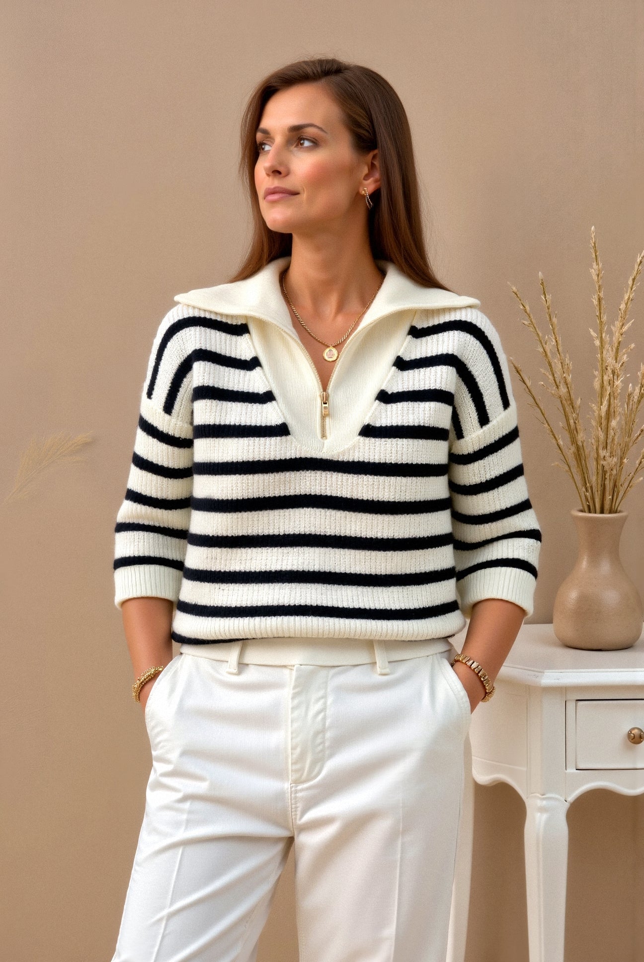 Gestreifter Pullover Damen mit Zip-Kragen, Rippstrick Troyer - Ansicht 1