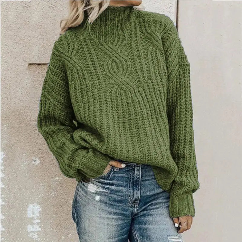 Rollkragenpullover Damen mit Zopfmuster, Grobstrick-Pullover in Grün