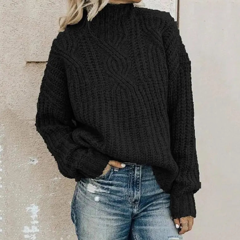 Rollkragenpullover Damen mit Zopfmuster, Grobstrick-Pullover in Schwarz