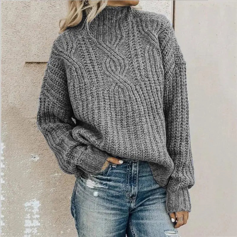 Rollkragenpullover Damen mit Zopfmuster, Grobstrick-Pullover in Grau