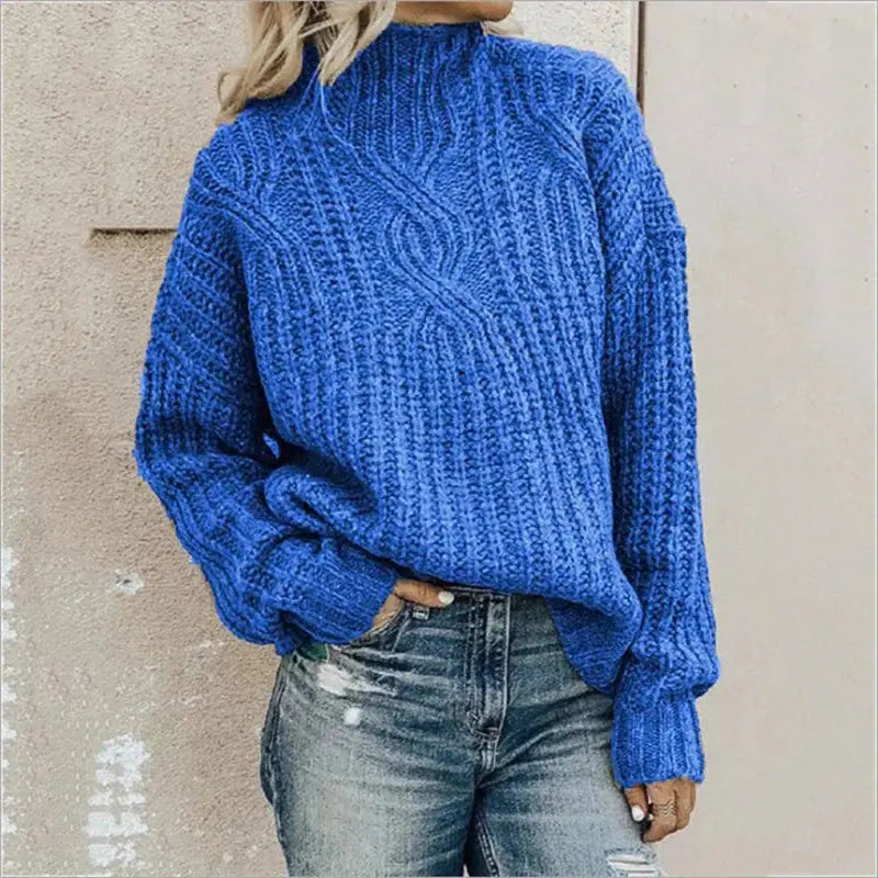 Rollkragenpullover Damen mit Zopfmuster, Grobstrick-Pullover in Blau