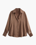 Langarm-Bluse in Satin-Optik mit klassischem Kragen - Braun