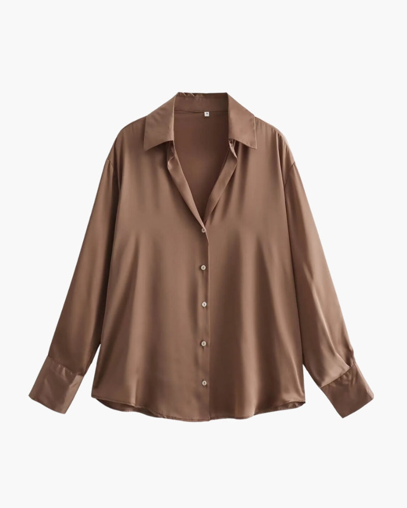 Langarm-Bluse in Satin-Optik mit klassischem Kragen - Braun
