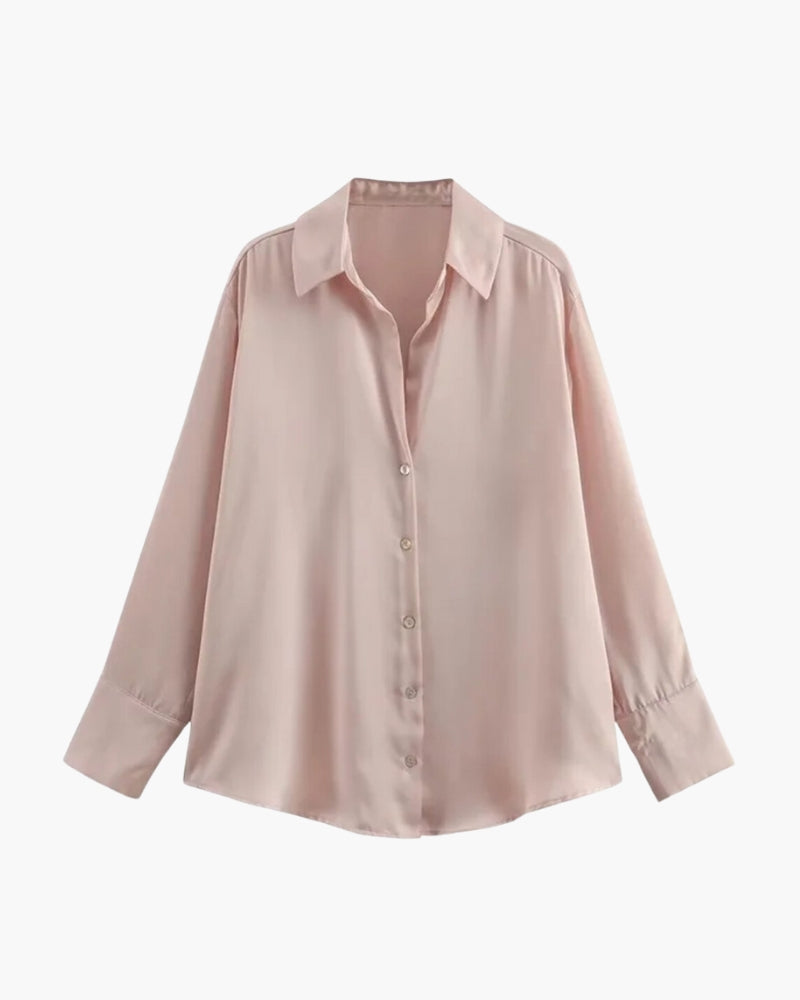 Langarm-Bluse in Satin-Optik mit klassischem Kragen - Rosa