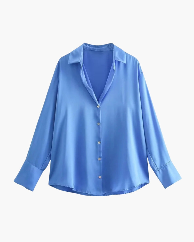 Langarm-Bluse in Satin-Optik mit klassischem Kragen - Hellblau