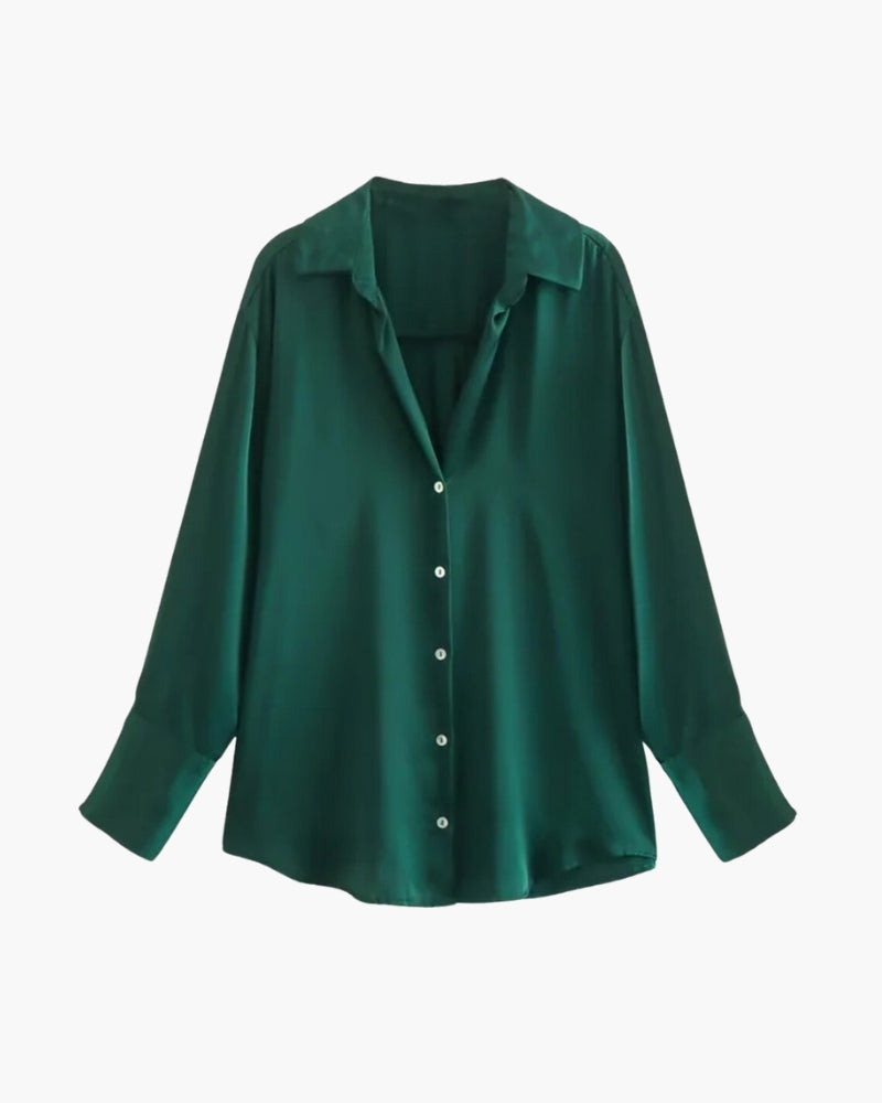 Langarm-Bluse in Satin-Optik mit klassischem Kragen - Grün