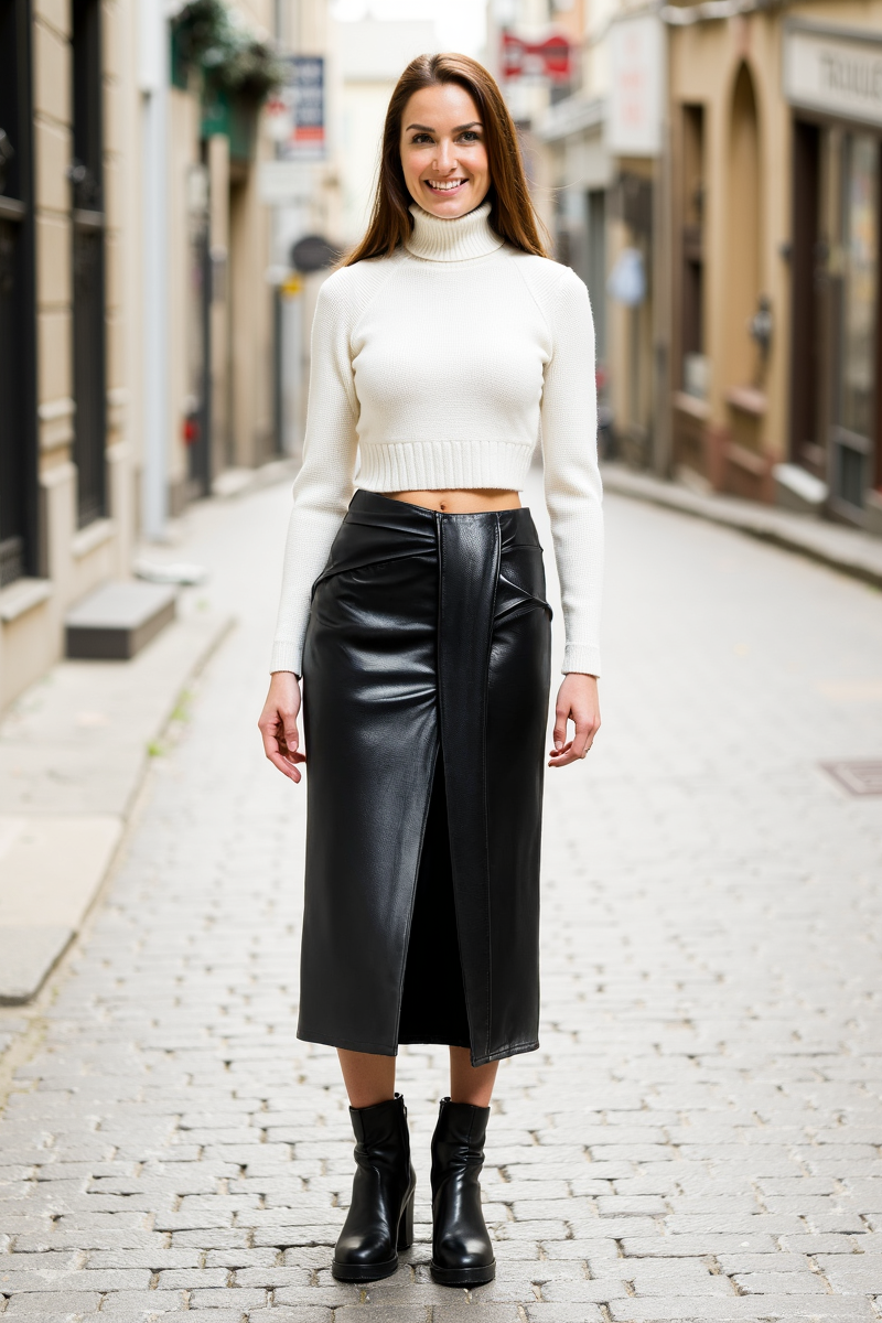 Schwarzer Midirock in Leder-Optik mit Wickel-Front und Schlitz - Schwarz