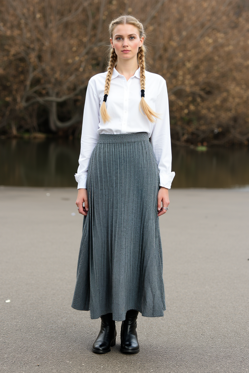 Strickrock Damen Midi – Plissee mit Gummibund, weit schwingend – Grau