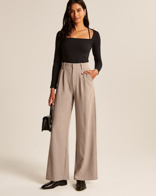 Beige Wide-Leg Hose mit Bundfalten und hohem Bund