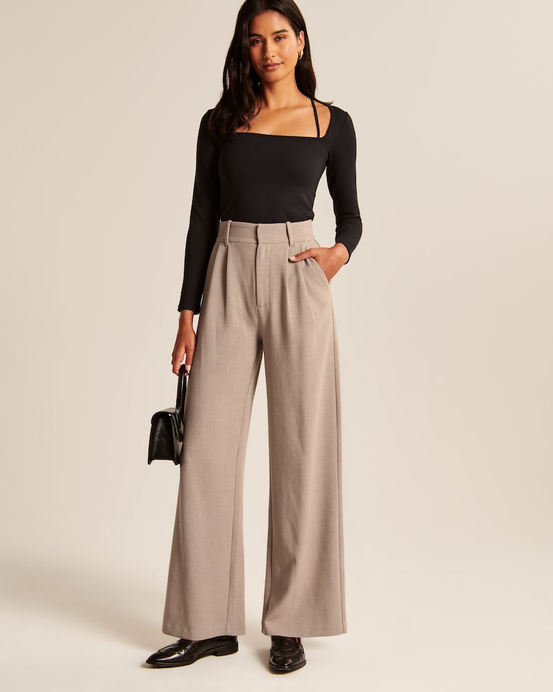 Beige Wide-Leg Hose mit Bundfalten und hohem Bund - Ansicht 2