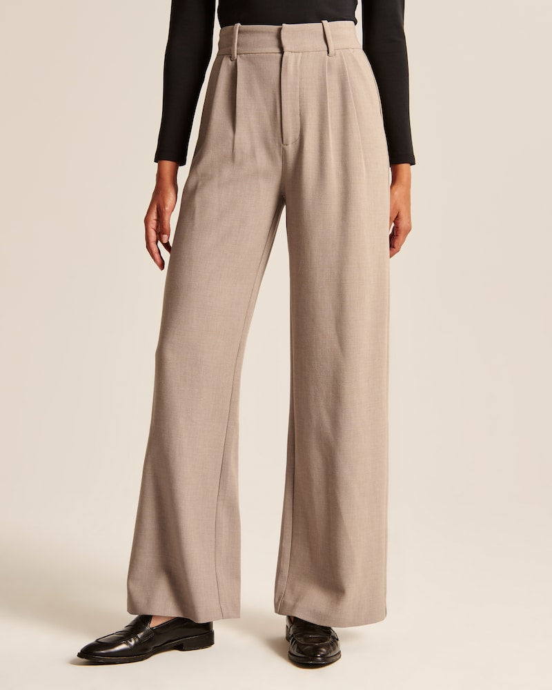 Beige Wide-Leg Hose mit Bundfalten und hohem Bund - Beige