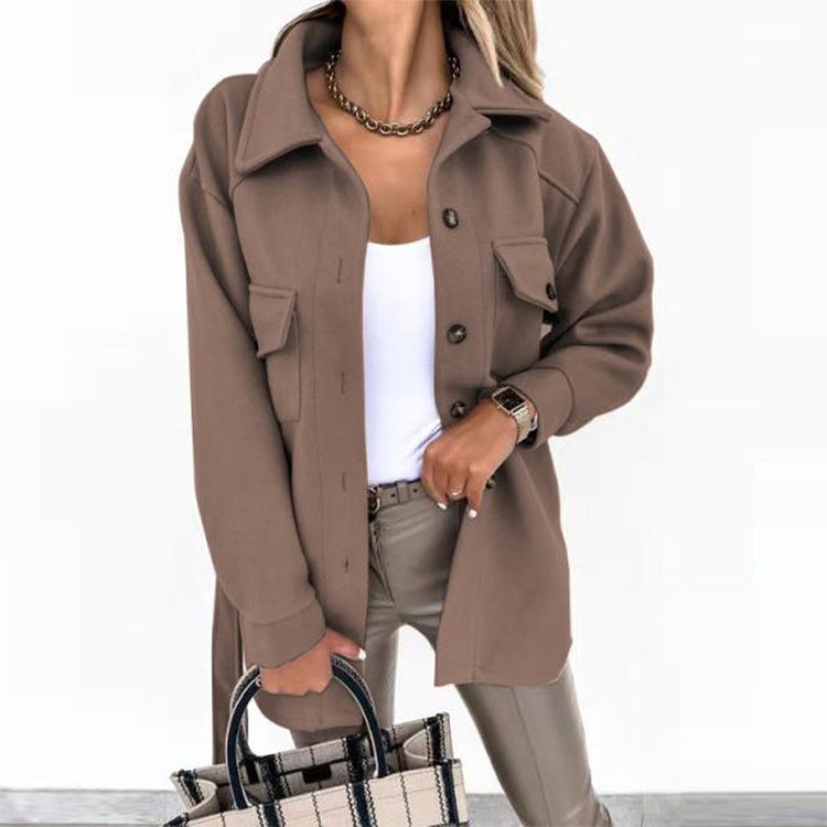 Gürtel-Mantel Damen – Hemdjacke mit Bindegürtel & Brusttaschen – Braun