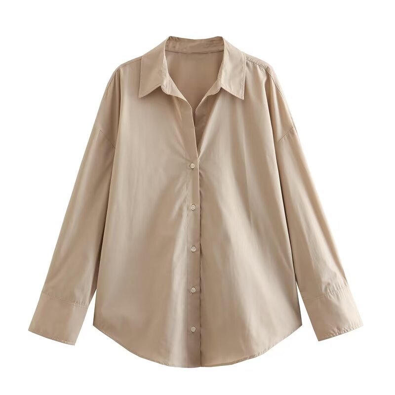 Langarm-Bluse in Satin-Optik mit klassischem Kragen - Khaki