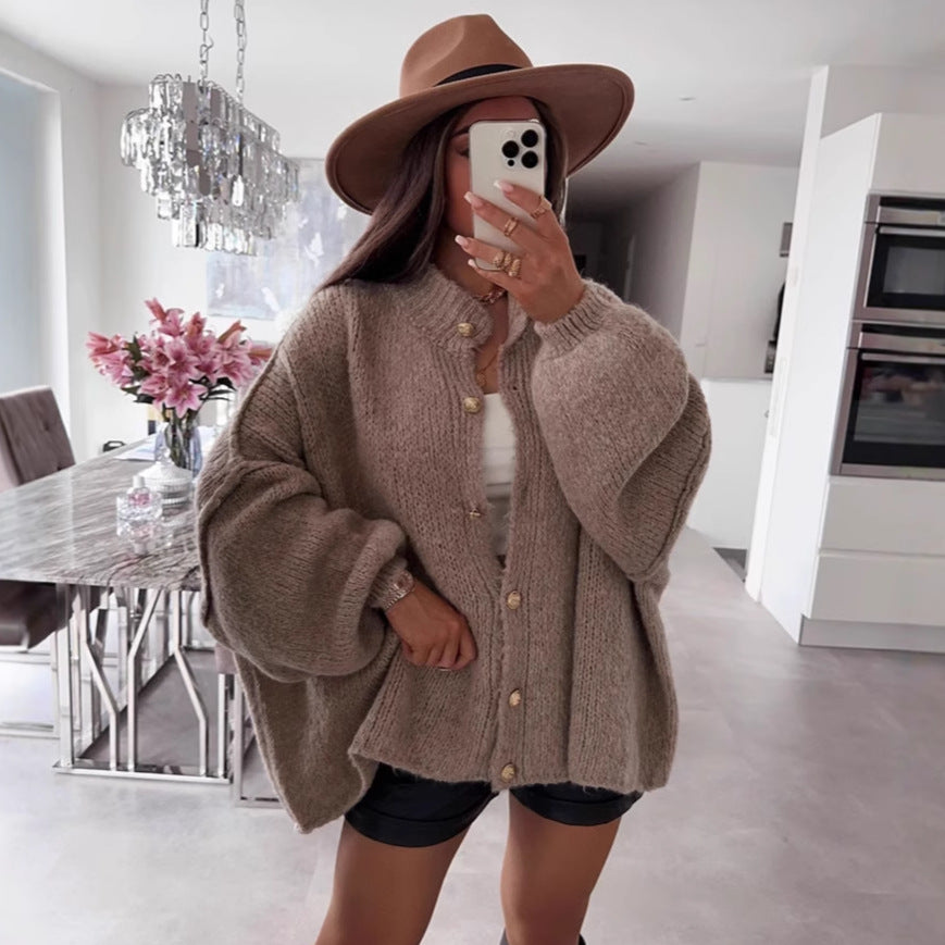 Oversize Strickjacke Damen mit Goldknöpfen, Grobstrick Cardigan in Khaki
