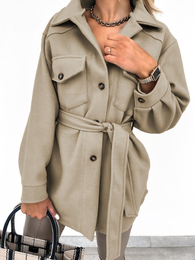 Gürtel-Mantel Damen – Hemdjacke mit Bindegürtel & Brusttaschen – Khaki