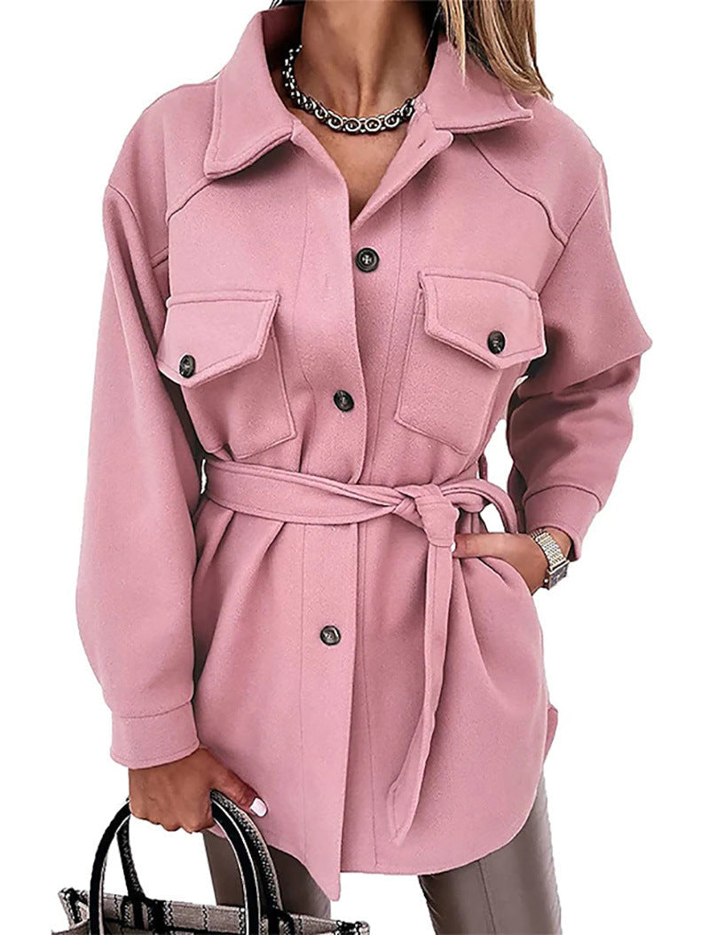Gürtel-Mantel Damen – Hemdjacke mit Bindegürtel & Brusttaschen – Rosa