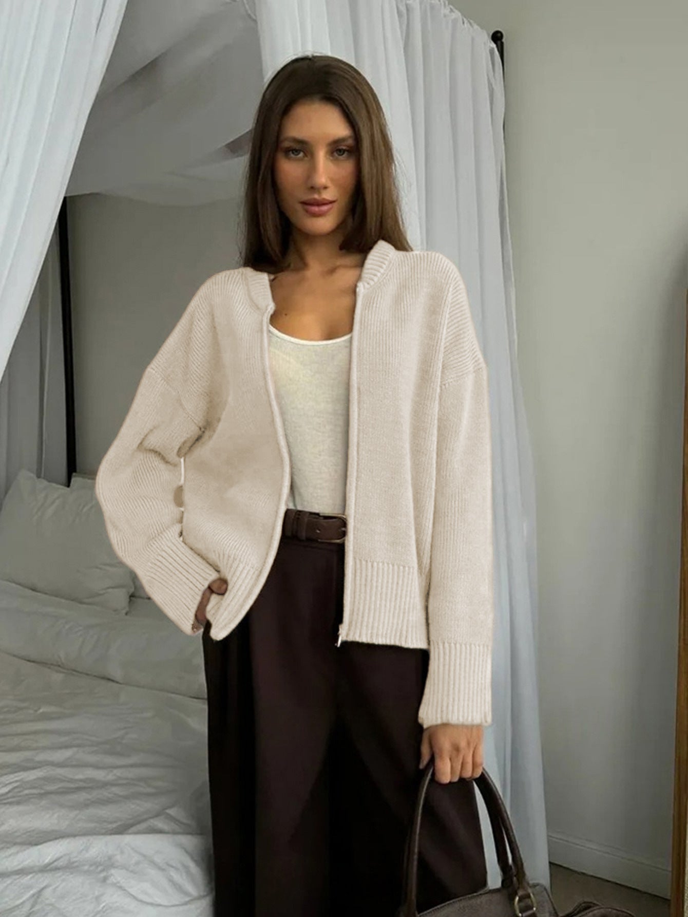 Strickjacke Damen mit Reißverschluss, Rippstrick-Cardigan in Beige