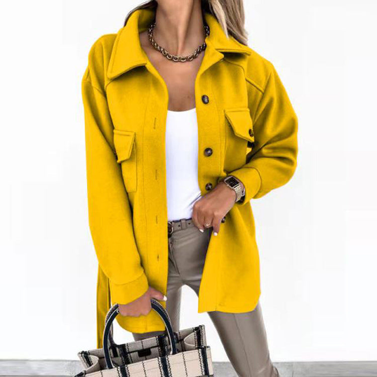 Gürtel-Mantel Damen – Hemdjacke mit Bindegürtel & Brusttaschen – Gelb