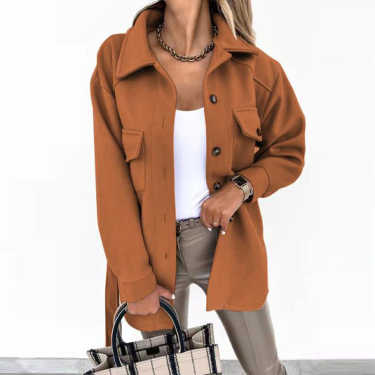 Gürtel-Mantel Damen – Hemdjacke mit Bindegürtel & Brusttaschen – Karamell