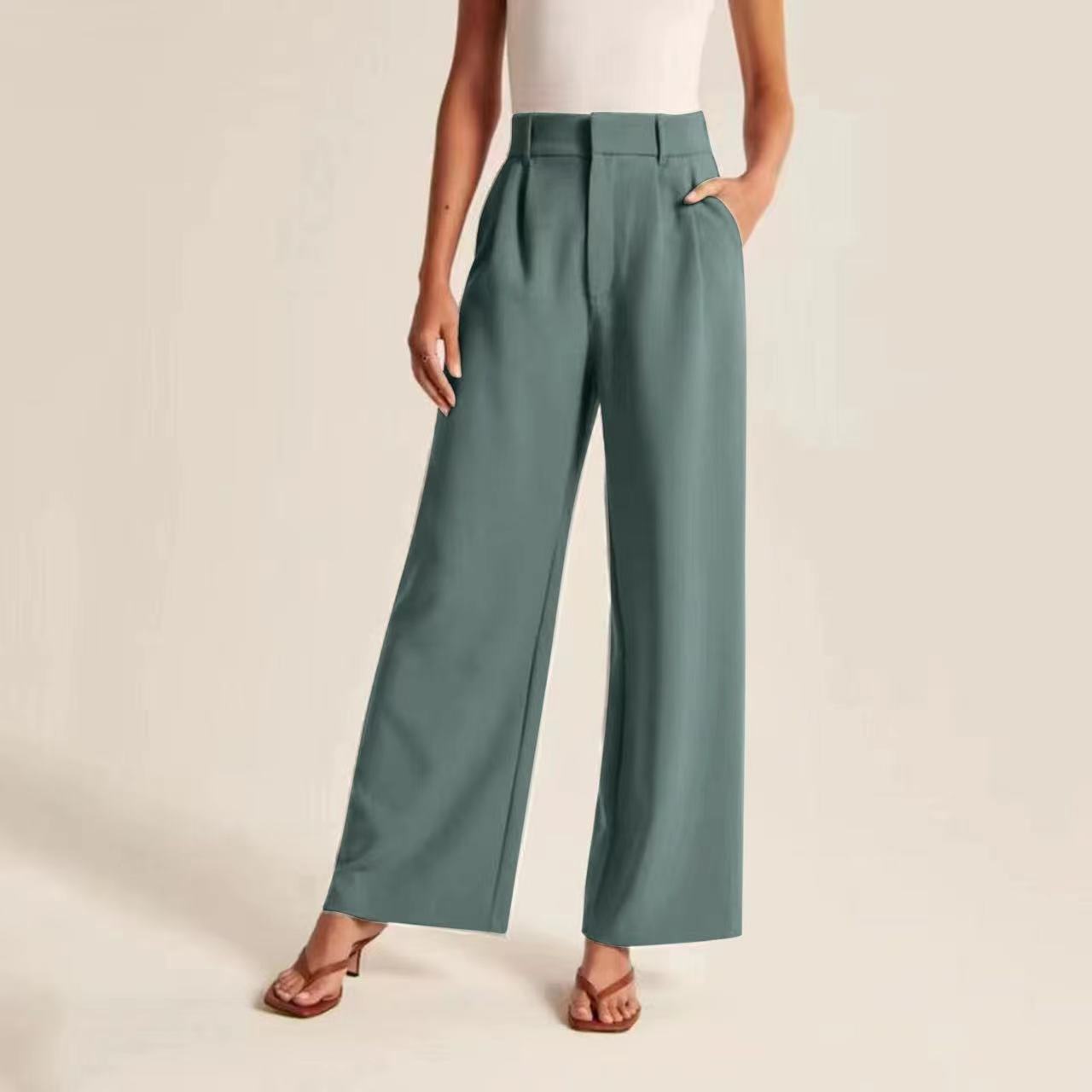 Weite Stoffhose mit hohem Bund, Bundfalten und langem Bein - Mintgrün