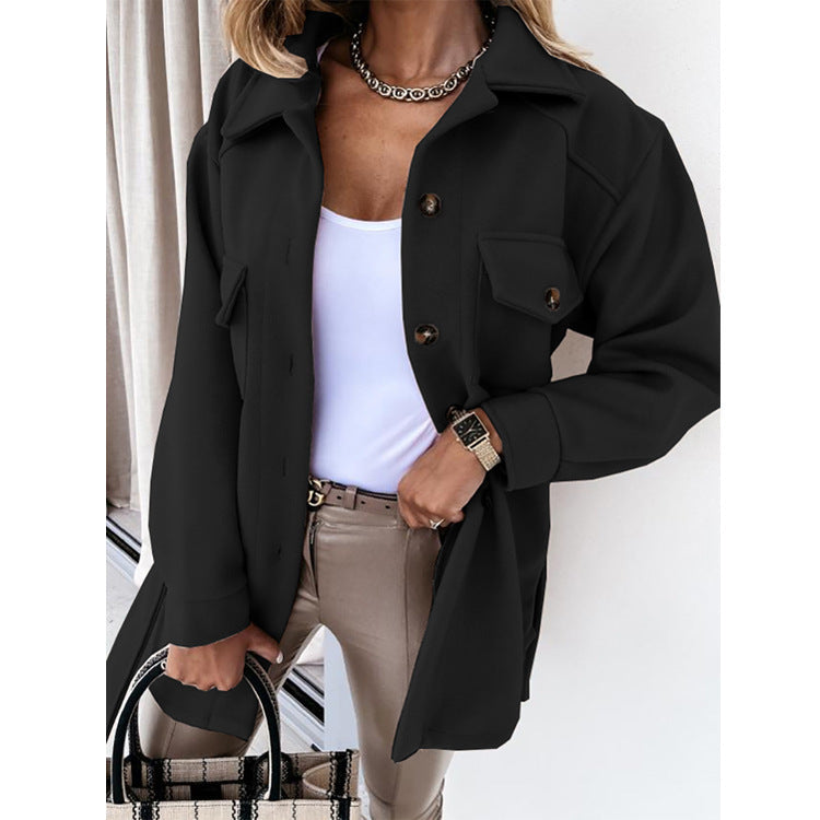 Gürtel-Mantel Damen – Hemdjacke mit Bindegürtel & Brusttaschen – Schwarz