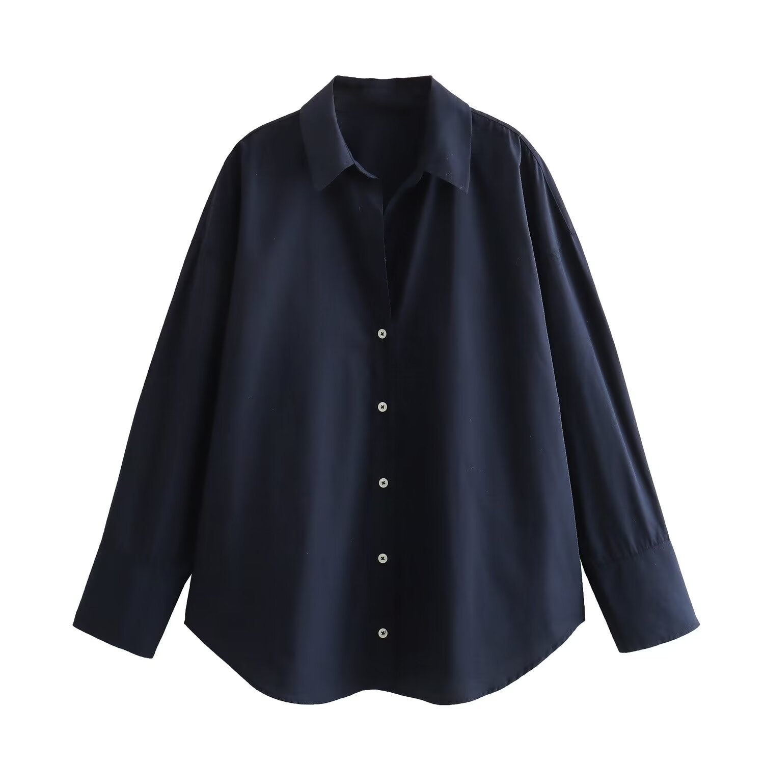 Langarm-Bluse in Satin-Optik mit klassischem Kragen - Marineblau