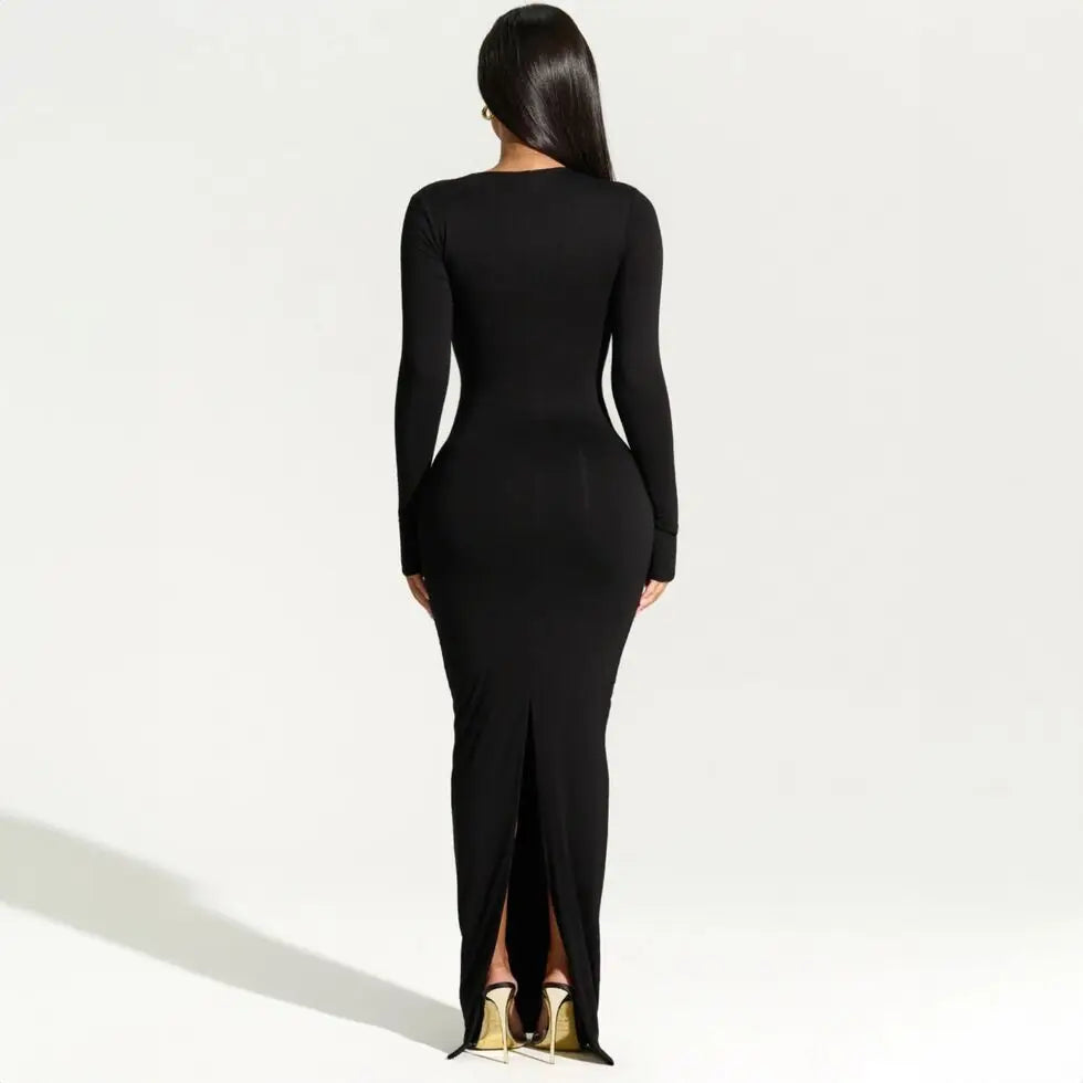 Schwarzes Maxikleid Damen langarm mit asymmetrischem Ausschnitt - Ansicht 2