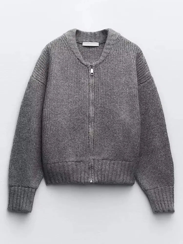 Strickjacke Damen mit Reißverschluss, Rippstrick-Cardigan in Grau